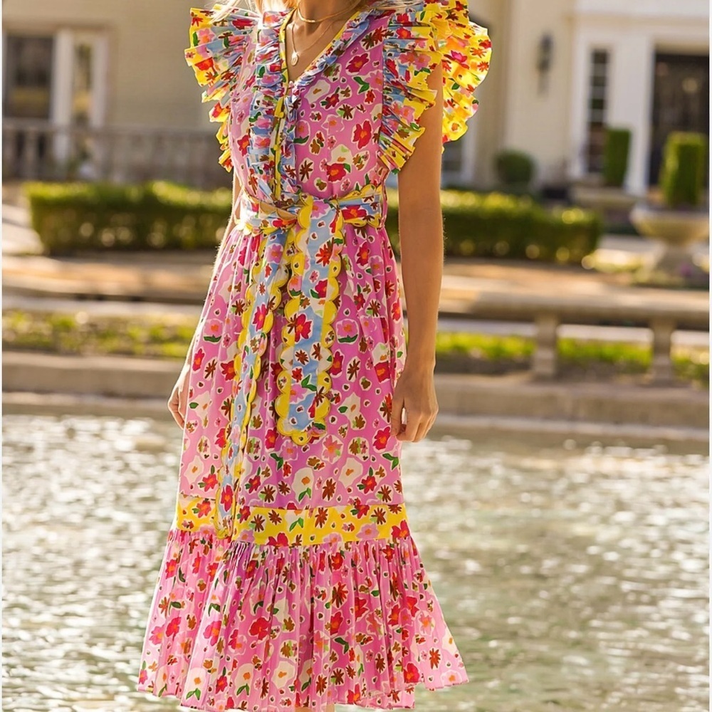 Celia B Topaz Midi Dress M Tiered Belted Flutter Slv Vibrant Colorful Party Fun - Picture 2 of 11